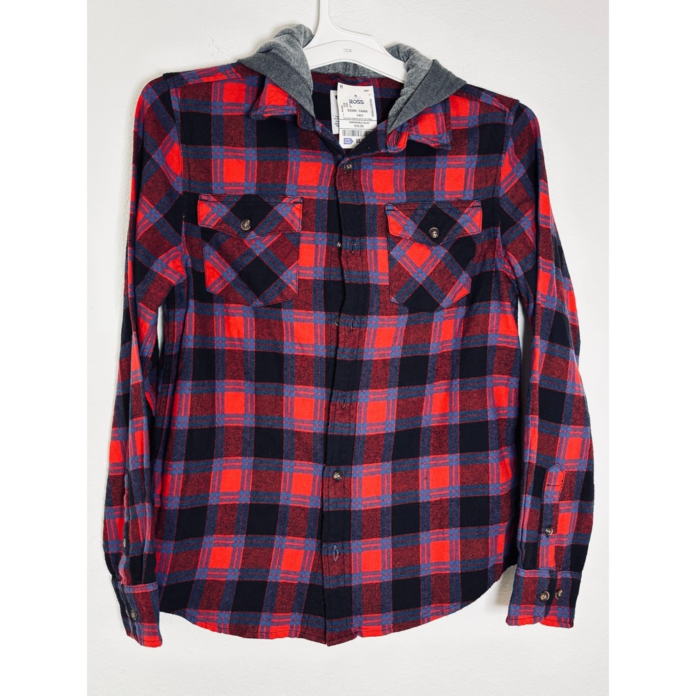 Sonoma Goods For Life Mens Red Navy Plaid Hooded‎ Flannel Shirt Large NWT